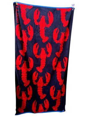L.L.Bean BIG Seaside Beach Towel Lobster Print Navy Blue Red Cotton 62 x 34"